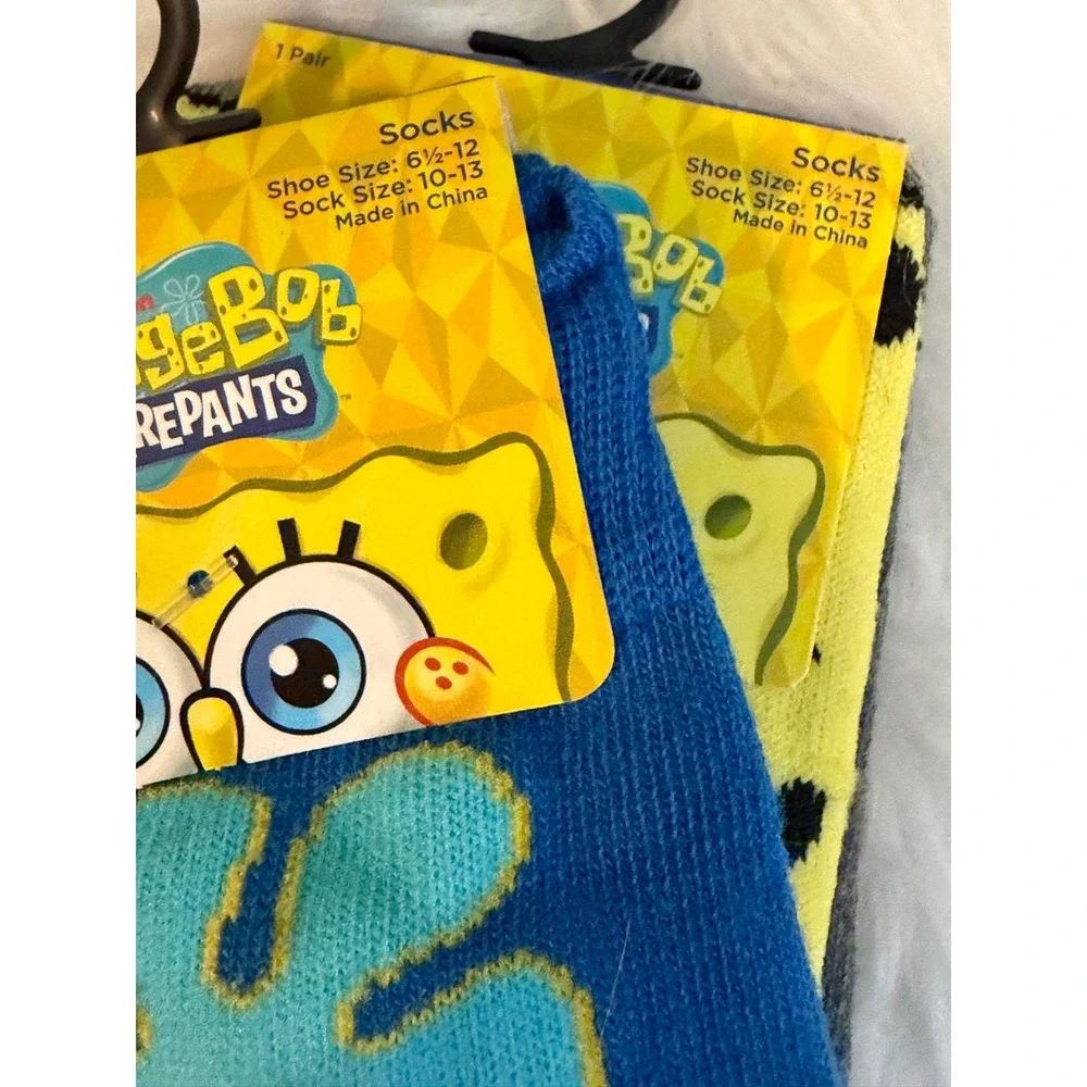 SpongeBob SquarePants Crew Socks 2 Pair Set Grey Blue Mens Size 6.5-12 New